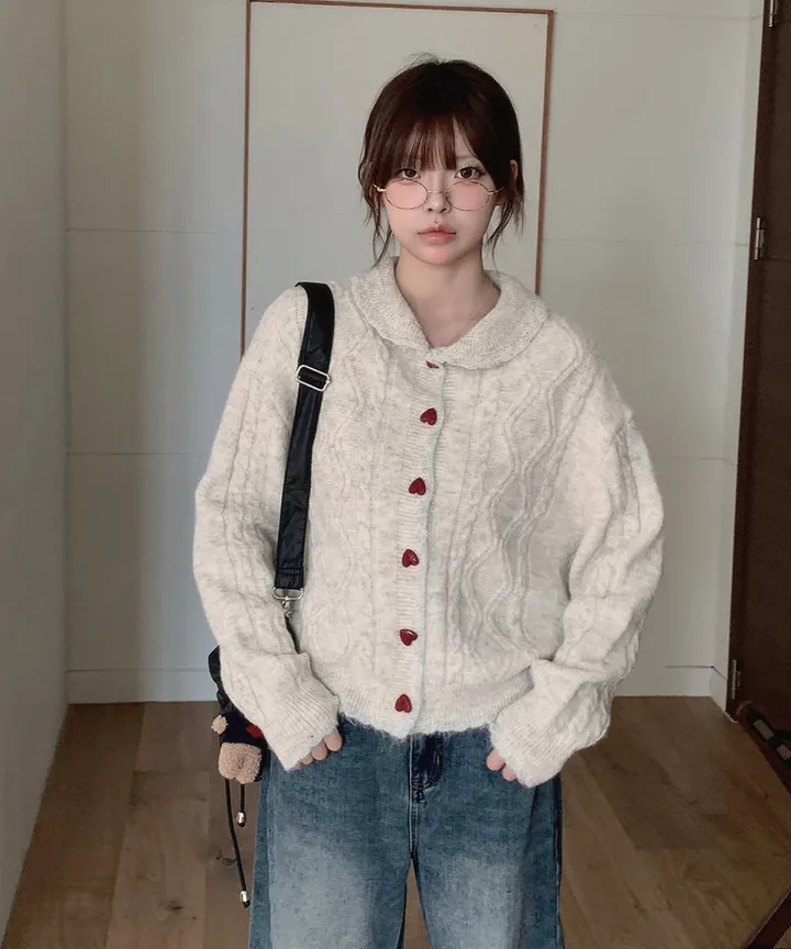 [MD추천✨러블리] 우토 하트 단추 카라 배색 니트 가디건 봄 가을 / 니트가디건 가디건 봄가디건 아우터 바람막이 청자켓 뮤잉 상세 이미지 22