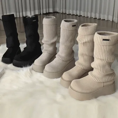 [리뷰증명!!️에이블리단독] 노아벨 스웨이드 콤비 골지 니트 시보리 통굽 하프 부츠 (6cm)