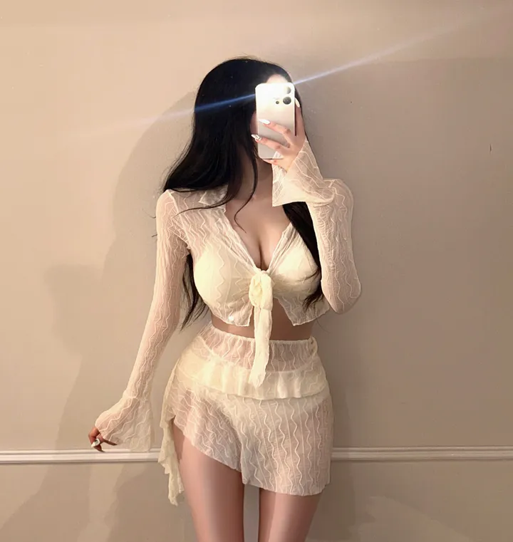 [최저가/군살커버/핏대박!!] 4pcs 커버업 크롭 물결 여리핏 가디건 + 프릴 스판 언발 스커트 세트 섹시 글램 청순 비키니 인생샷 수영복 비치웨어 휴양지 해외여행 시스루 유니크 상세 이미지 6