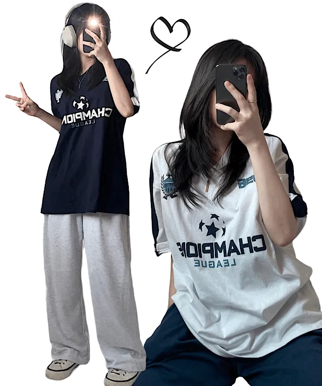 [남녀공용]챔피언스리그 브이넥 빈티지 유니크 박스 오버핏 커플룩 반팔 티