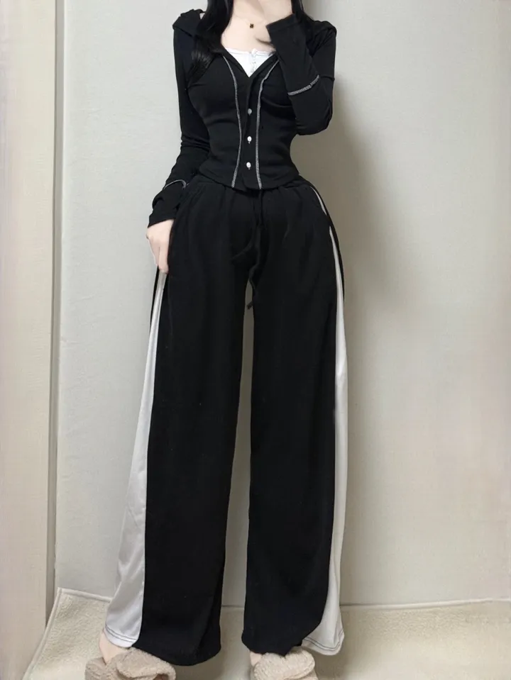 [*개별구매가능/핏보장*] 꾸안꾸 쫀쫀 딱붙 스티치 레이어드 이중후드 가디건 +하이웨스트 와이드 배색 팬츠 데일리 꾸안꾸 y2k 배색세트 트레이닝 후드세트 마실룩 몸매보정 여리핏 상세 이미지 14