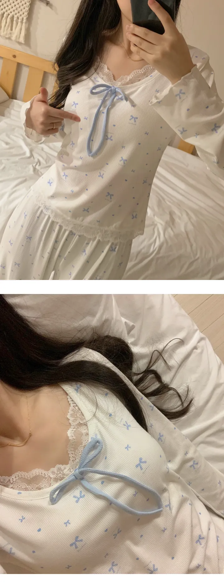 [릴스핫템] 하쿠 리본 브라캡 긴팔 긴바지 잠옷 세트 상세 이미지 1