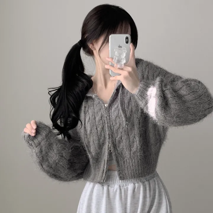 [꾸안꾸🤍/여리여리~] 앨리스 솔잎 앙고라 꽈배기 니트 투웨이 후드집업 상세 이미지 18
