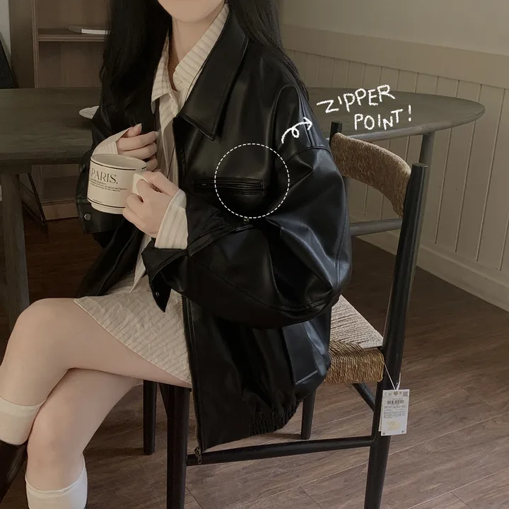 [고퀄!/오버핏] 지퍼 카라 하프 레더자켓 블루종 가죽점퍼 상세 이미지 4