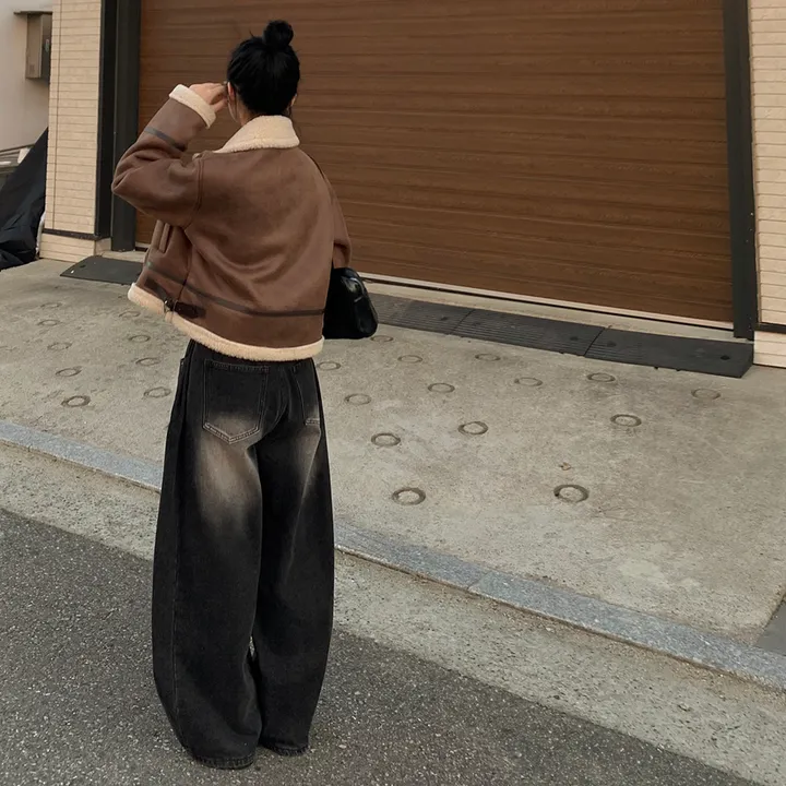[양털안감/고퀄🤎] 스웨이드 크롭 버클 하이넥무스탕 퍼카라 뽀글이자켓 세무 점퍼 상세 이미지 8