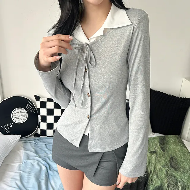 [일체형/모던룩/2col] 신디 일체형 슬림핏 레이어드 셔츠 가디건 / 카라넥 / 리본가디건 / 레이어드티셔츠 / 페이크셔츠 / 긱시크 / 브이넥 / 셔츠니트 / 코디완성 / 강추 상세 이미지 24