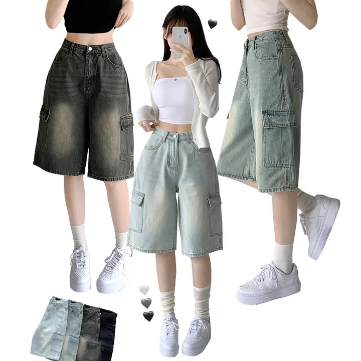 후기극찬![핏보장❤︎/힙무드/~XL] 이브닝 빈티지 힙 워싱 하이웨스트 와이드 카고 하프 버뮤다 5부 청 반바지 데님 팬츠 빅사이즈 상세 이미지 4