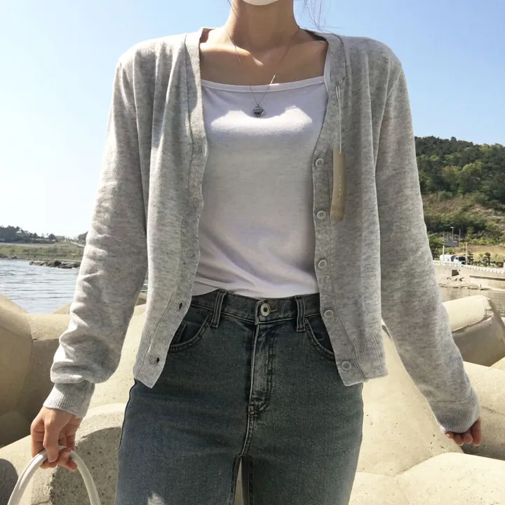 [ 뱀부40% ] 얇은 기본 가디건 / 가벼워요. 여리여리 세미크롭 브이넥 아우터 상세 이미지 16