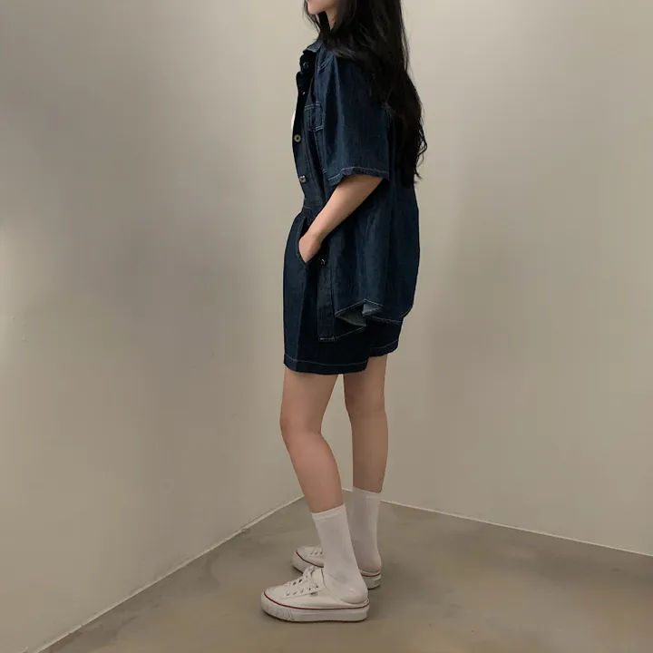 [세트가격/2사이즈!] 포토그래퍼 데님 오버핏 반팔셔츠+반바지 셋업,투피스 상세 이미지 23