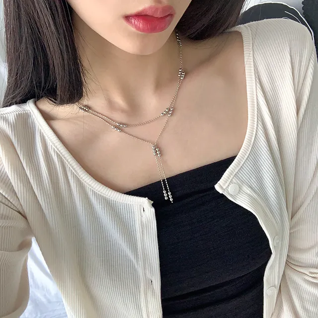 [유니크무드/1col] 드리밍 두줄 체인 볼 레이어드 드롭 목걸이 / 일체형 / 더블드롭 / 볼드롭 / 실버네크리스 / 힙무드 / 만원이하 / 최저가보장 / 만능코디템 상세 이미지 11