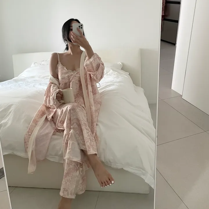 [당일출고]캡내장 파스텔 상의+긴바지+로브가디건 3pcs 잠옷 홈웨어 세트(2color) 상세 이미지 7