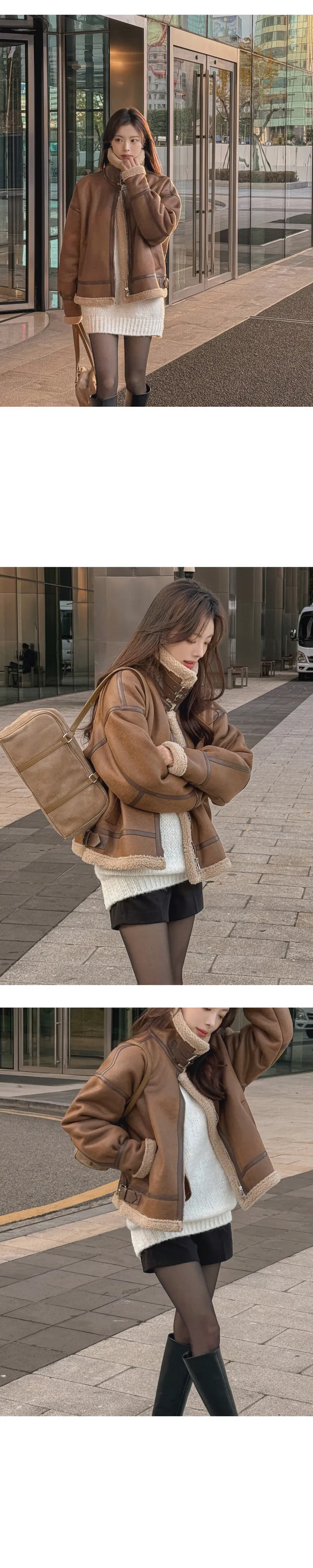 [안감 털날림❌/하이넥 버클⭕] 에티오 하이넥 더블버클 지퍼 가죽포인트 허리버클 양털 페이크레더 무스탕 상세 이미지 13
