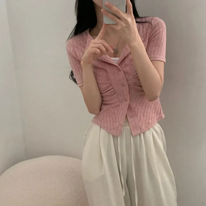 [봄,여름🤍반팔ver.] 보들여리 셔링 골지 카라 단추 반팔니트 가디건,티셔츠 - 5color 상세 이미지 10