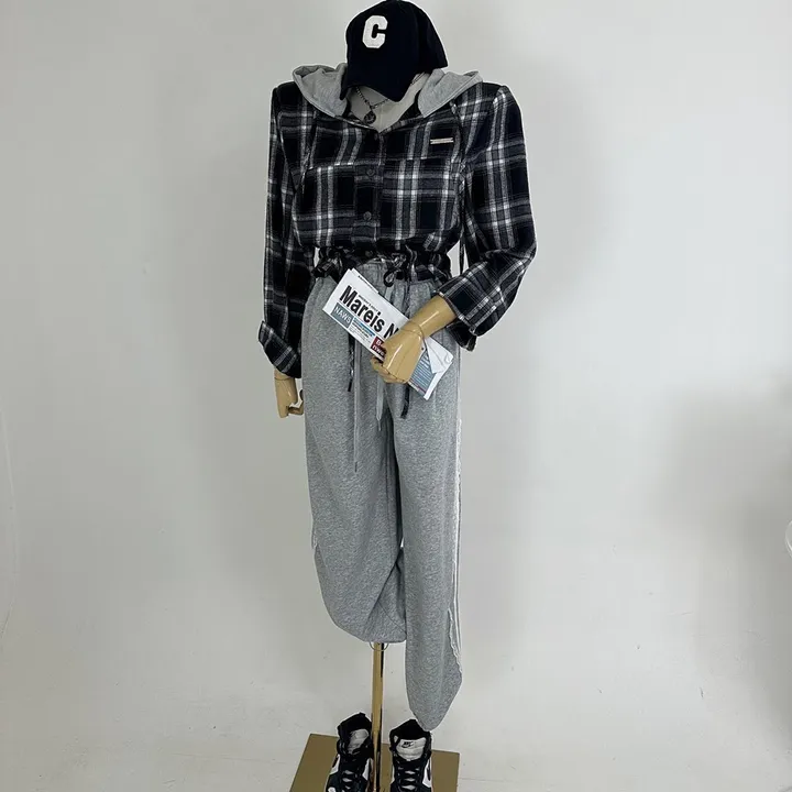 [패드내장/데일리/캐주얼/코디추천템] 크롭 체크 후드 배색 패치 스트링 셔츠 남방 상세 이미지 9