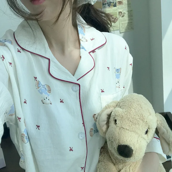 레드곰돌이 리본 긴팔 셔츠 봄 가을 겨울 파자마 잠옷 상하 세트 #B.Night #289 상세 이미지 7