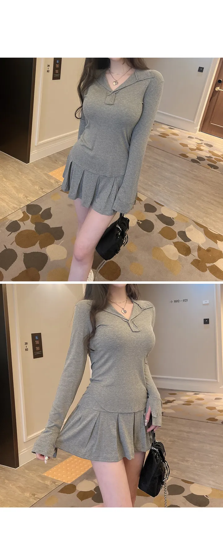[꾸안꾸💕]카라 브이넥 미니 플리츠 투피스 세트 상세 이미지 3