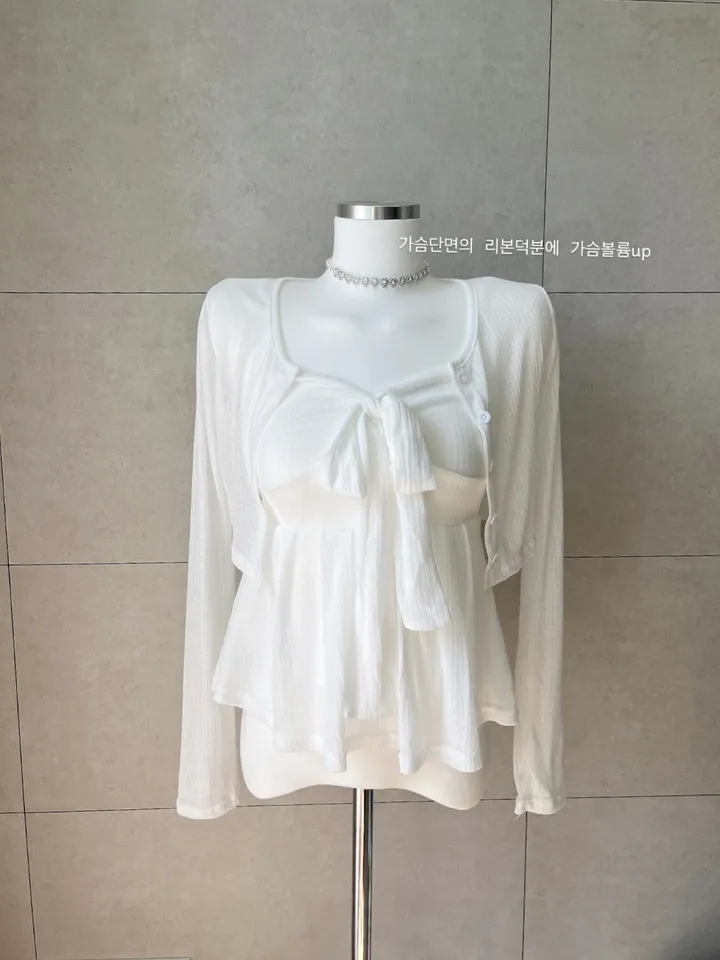 *퀄보장🩷뱃살커버* 클린 리본 플레어라인 나시 가디건 set 상세 이미지 8