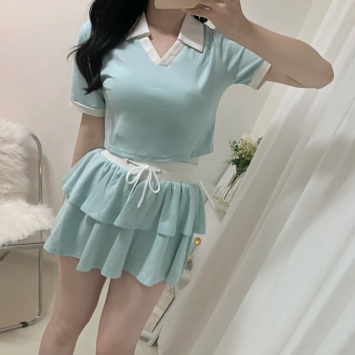 [세트가격/러블리💛] 플레인 배색 카라 크롭 반팔 + 밴딩 캉캉 치마바지 미니스커트 투피스 세트 4color 상세 이미지 25