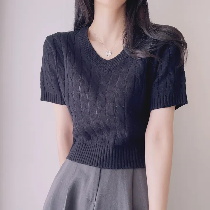(6color/최저가 보장!) 실물보장! 색감에 반한, 마카롱 꽈배기 브이넥 크롭 반팔 니트 상세 이미지 34