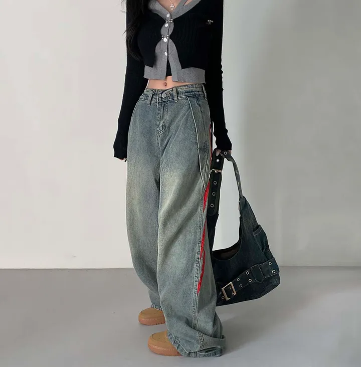 [ 가을신상 ! /  S, M, L   ]레드 라인 데님 트랙팬츠 청바지 * 뒷밴딩 ㅇ * [9OOD PANTS] 상세 이미지 14