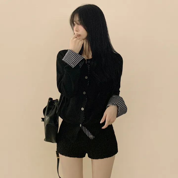 [긱시크룩] 빈티지 롤업 체크셔츠 페이크 레이어드 비스코스 배색 니트가디건 상세 이미지 8