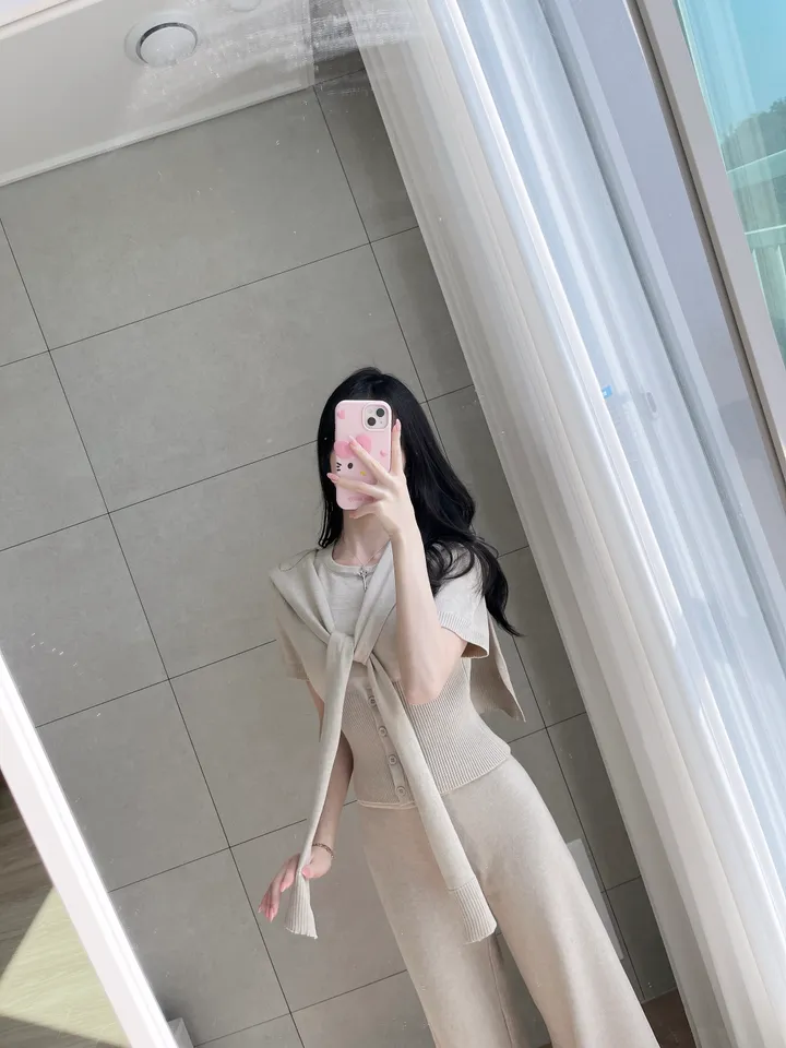 *몸매커버꾸안꾸🩷*솔라 니트 반팔 숄가디건 팬츠 3ps set 봄여름가을꾸안꾸투피스 쓰리피스세트 가디건세트 일자팬츠 와이드팬츠 니트팬츠 상세 이미지 8