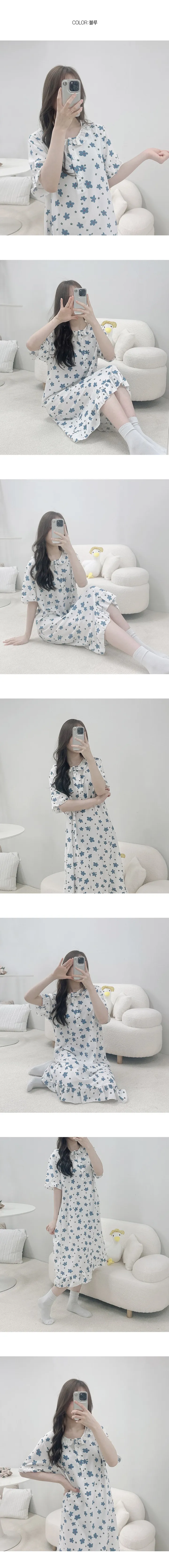플라워 지지미 여성 여름 반팔 홈웨어 파자마 잠옷 원피스 상세 이미지 4