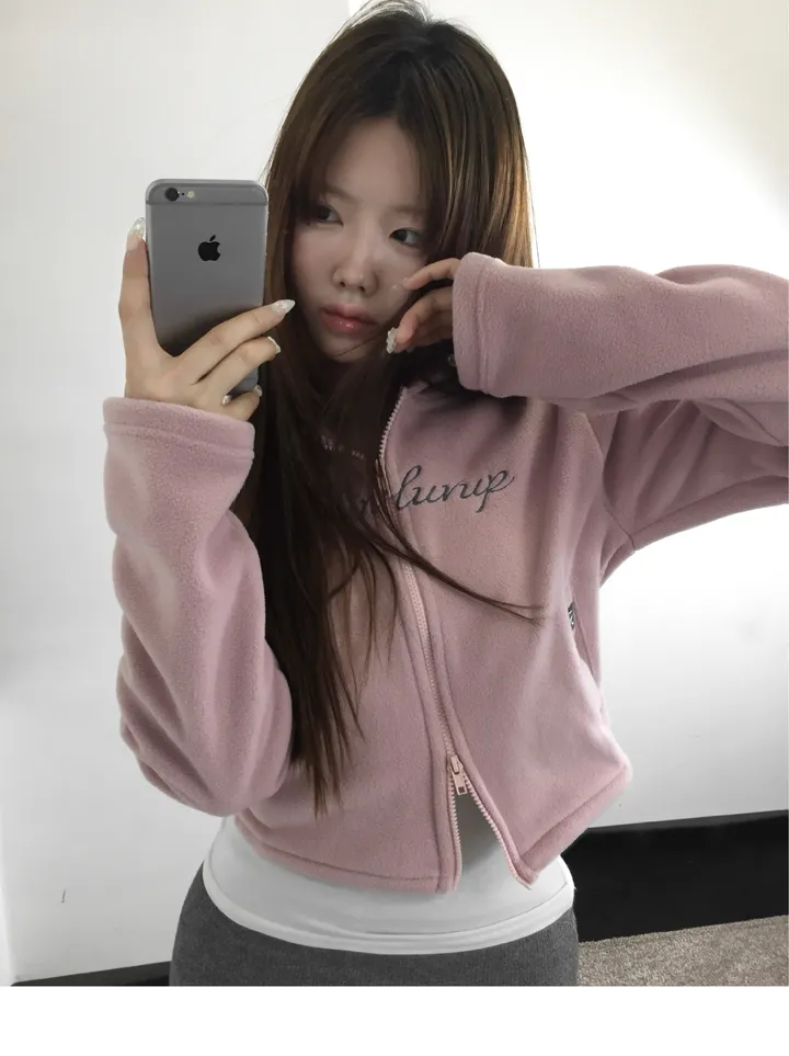 [🖤MADE] [핏보장] Uhi 세미 크롭 슬림핏 투웨이 플리스 후드집업 점퍼 - Indie Pink 상세 이미지 4
