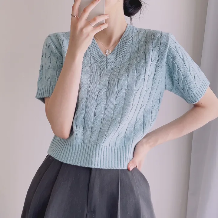 (6color/최저가 보장!) 실물보장! 색감에 반한, 마카롱 꽈배기 브이넥 크롭 반팔 니트 상세 이미지 9
