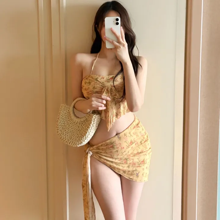 엘로 잔꽃 플라워 쓰리피스비키니 랩스커트 커버업 비키니세트 상세 이미지 2