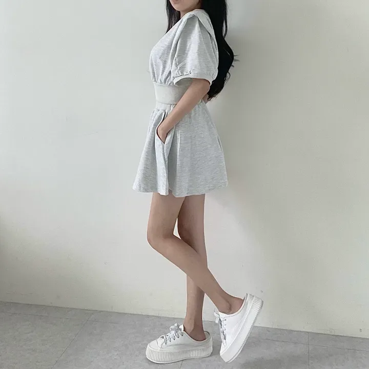 [치마바지/상하의SET] 로로 퍼프소매 반팔맨투맨 + 치마바지 투피스set 상세 이미지 23