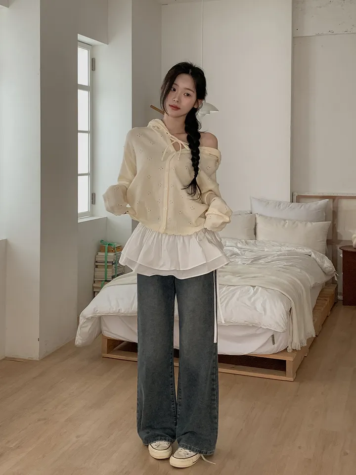 [큐티무드/핏추천!] 연유 펀칭 루즈핏 니트 후드 긴팔 가디건 3colors 상세 이미지 10
