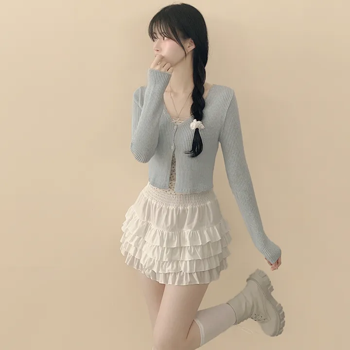 [벚꽃룩🌸/여리색감] 파스텔 크롭 슬림핏 트임 봄여름 니트가디건 딸기우유 핑크 소라 러블리힙 상세 이미지 12