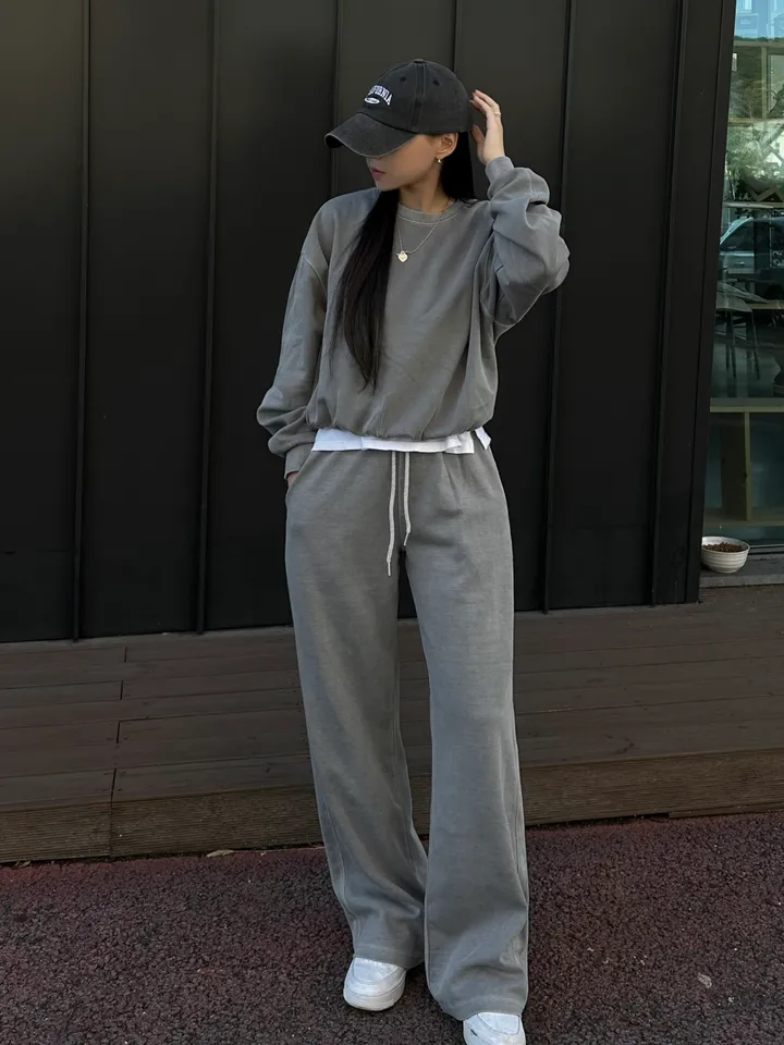 크롭~4XL/ 피그먼트 맨투맨 커플 트레이닝 세트 크롭 오버핏 남녀공용 팬츠 긴바지 겨울 봄 가을 커플룩 커플 시밀러룩 꾸안꾸 투피스 셋업 스트릿 남자 코디 데이트 빅사이즈 코마 상세 이미지 28