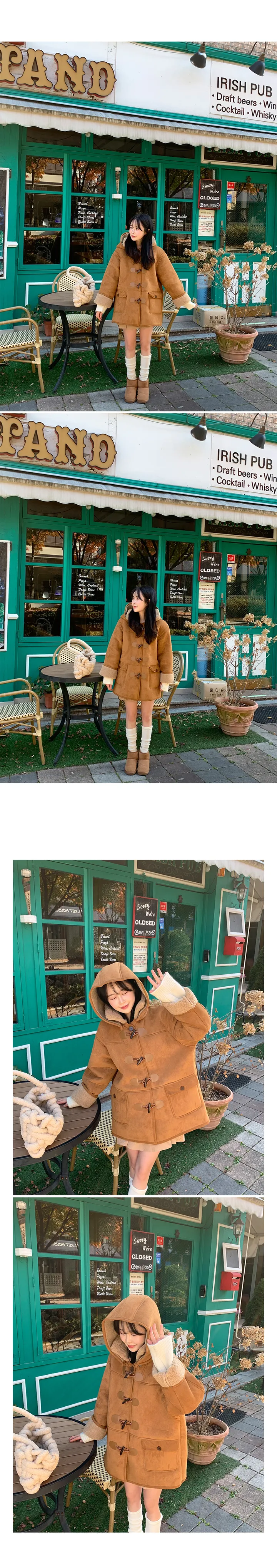 [아우터/겨울준비/안감양털🤎/후드탈부착] 떡볶이 단추 스웨이드 리얼 후드 양털 무스탕 더플 코트 자켓 하객룩 겨울코디  숏코트 아우터 데일리룩 상세 이미지 3