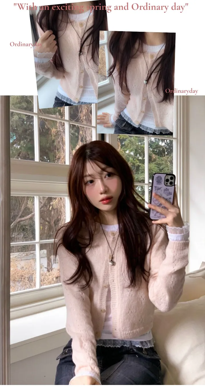 [벚꽃룩ෆ플라워펀칭]글로이 빈티지 러블리 여리핏 플라워 펀칭 버튼 물결 울니트 가디건 3color 상세 이미지 15
