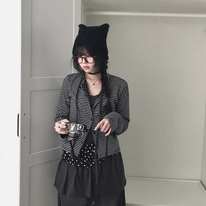 [반전 도트안감🖤/뒷태패치 포인트!!] 빈티지 감성 낭낭🪽 도트안감 패치 단가라 스트라이프 긴팔 가디건 엔젤코어 상세 이미지 7