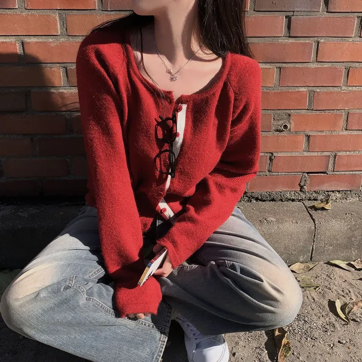 [new컬러추가!/피부하얘보이는❤️]얼굴에 형광등 켰어? 피부 하얘보이는 이유2, 배색 라인 라운드넥 니트 가디건 상세 이미지 19