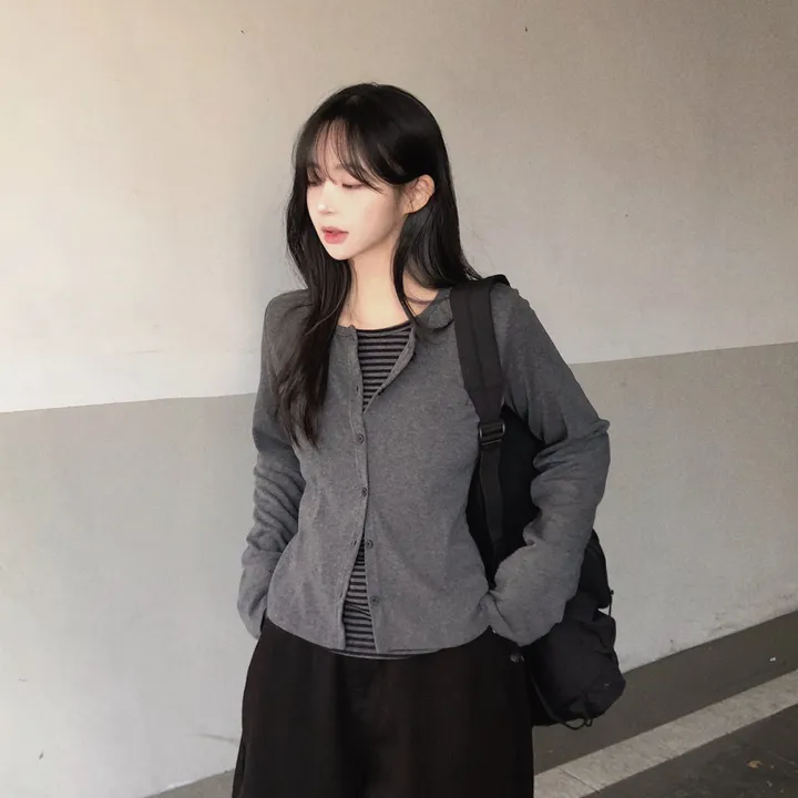[기간특가!일체형!후회없음🖤]단가라 스트라이프 레이어드 가디건 일체형 긴팔티 2color 상세 이미지 11