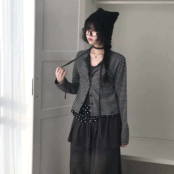 [반전 도트안감🖤/뒷태패치 포인트!!] 빈티지 감성 낭낭🪽 도트안감 패치 단가라 스트라이프 긴팔 가디건 엔젤코어 상세 이미지 5