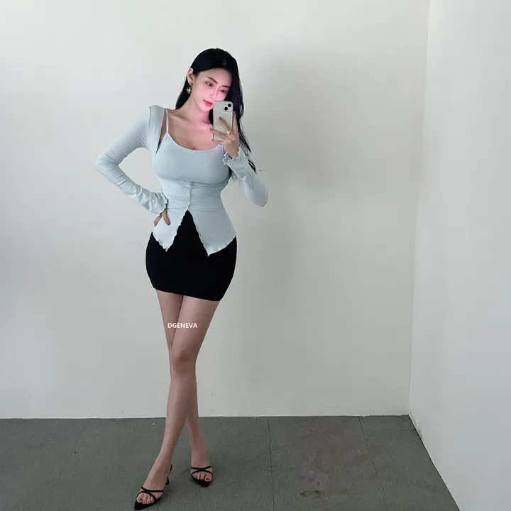 당일/볼륨감up👸 빈SET 캡내장 스판 나시 + 물결 트임 가디건 프릴 소매 데일리 베이직 섹시룩 글램룩 데이트룩 쫀쫀 슬림 세트 셋업4color 상세 이미지 13