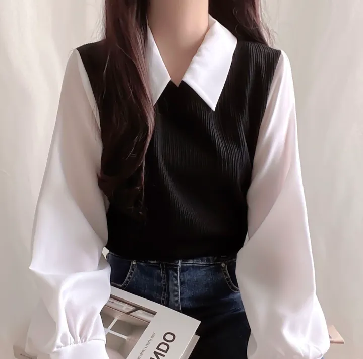[셔츠+니트 일체형!] 포밍 레이어드 카라 벌룬 배색 니트 블라우스 4color 베이지 핑크 소라 블랙 상세 이미지 41