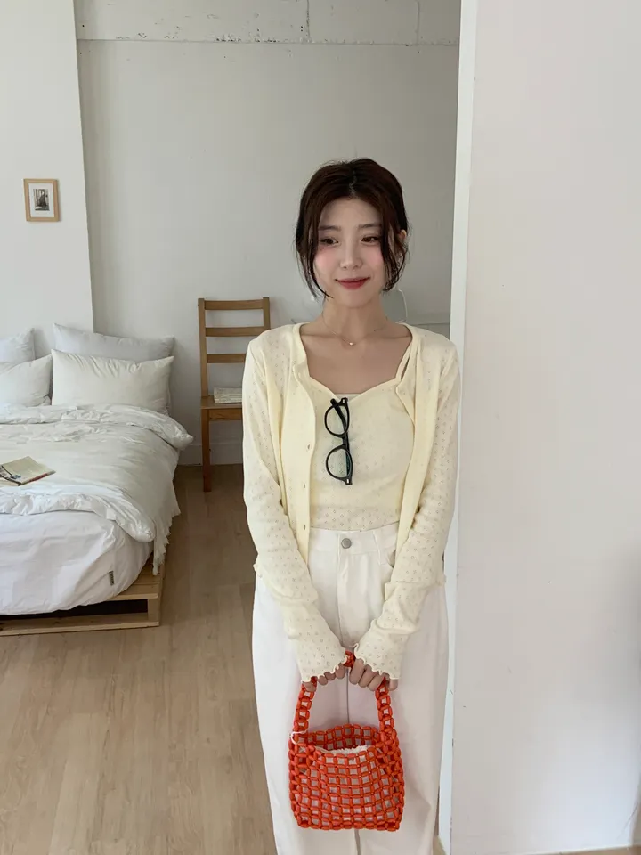 [레이어드/set] 엘린 펀칭 니트 나시 가디건 세트 / 봄 여름 레이어드 프릴 크롭 상세 이미지 6