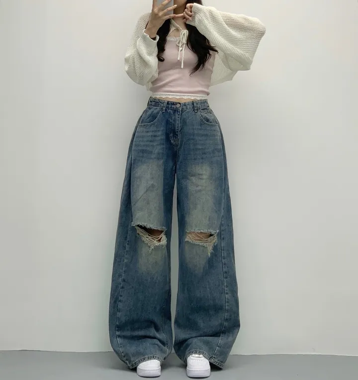 당일🚀[숏,롱/~XL/찐인생바지] 슬릿 찢청 폴딩 빈티지워싱 벌룬핏 옆핀턱 와이드팬츠 무릎트임 데님 청바지 기장선택 빅사이즈까지 오버핏팬츠 여름청바지 상세 이미지 23