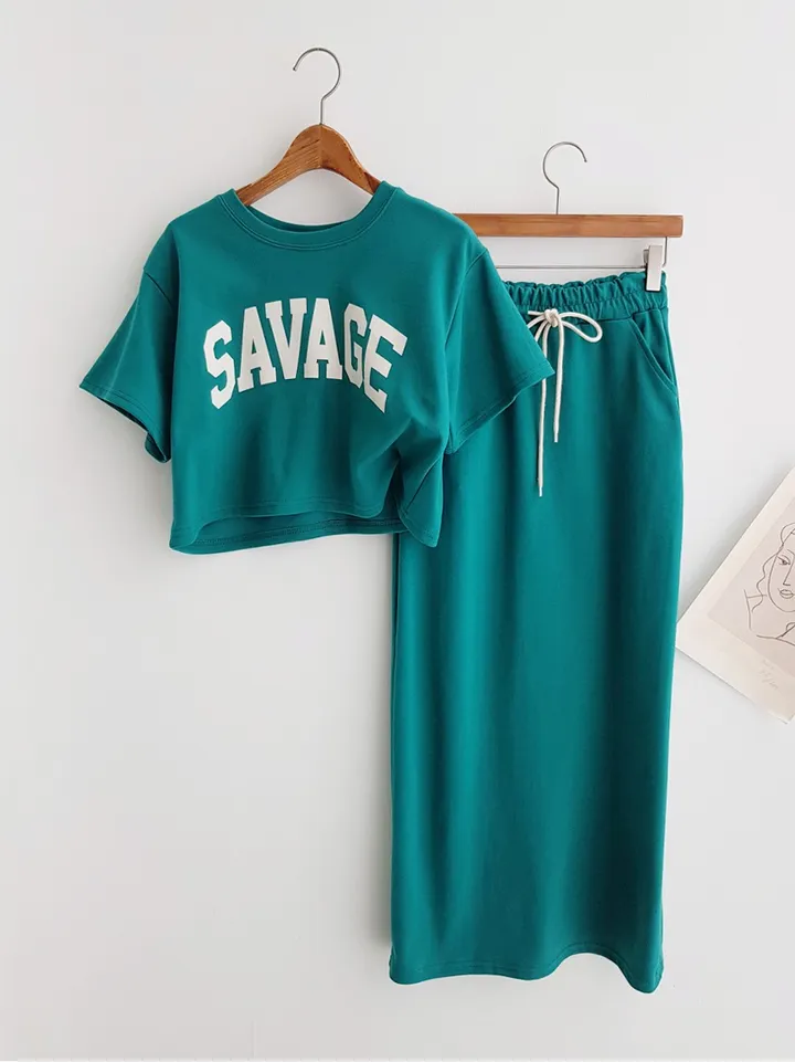 [세트가격!] SAVAGE 레터링 프린트 크롭티셔츠 크롭반팔티 밴딩 롱스커트 뒤트임 롱치마 투피스세트 치마세트 스커트세트 여름세트 꾸안꾸 이지웨어세트 상세 이미지 6