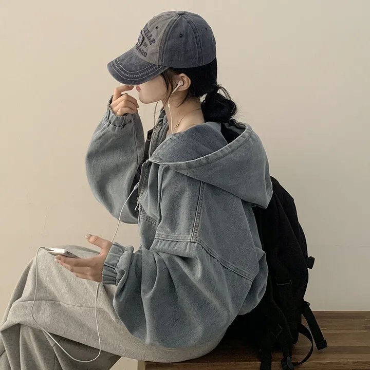 [왕박시/아방핏✨] 데님 빅후드 투웨이 청자켓 후드집업 숏점퍼 연청 흑청 개강룩 캠퍼스룩 빅사이즈 상세 이미지 5