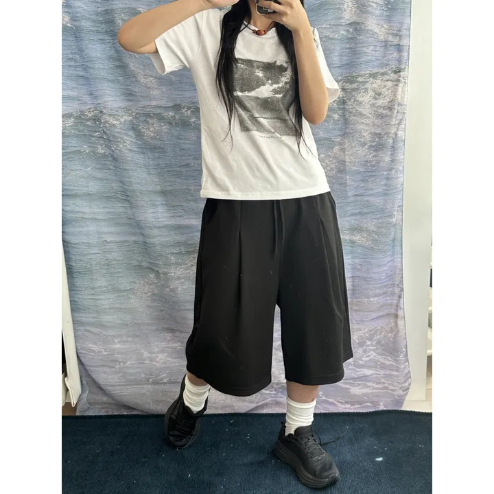 [UNISEX/기획특가/소장추천!/3size!]사이드 폴드 핀턱 포인트 루즈 와이드 벌룬 버뮤다 하프 트레이닝 팬츠(2color) 상세 이미지 15