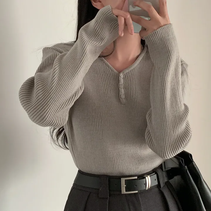 [4계절필수 디자인/연그레이 당일출고✨] 자체제작 #크치Made 젤리 버튼 트임 브이넥 골지 겨울 니트 긴팔티셔츠 - nt 상세 이미지 163