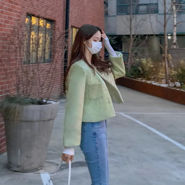 [2천장돌파‍🔥누빔선택!!] 앙고라 트위드 국내 펄 콕콕 퍼 겨울 트위드 자켓 노카라 포켓 간절기 하객룩 크롭 숏자켓 그린 소라 아이보리 핑크 상세 이미지 74