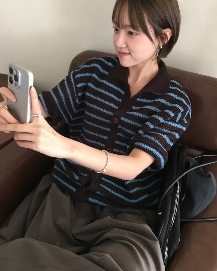 [온트추천] (UNISEX) 모리 스트라이프 카라 반팔 가디건 상세 이미지 19